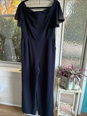 Calvin Klein Navy Blue Off-Shoulder Wide-Leg Jumpsuit